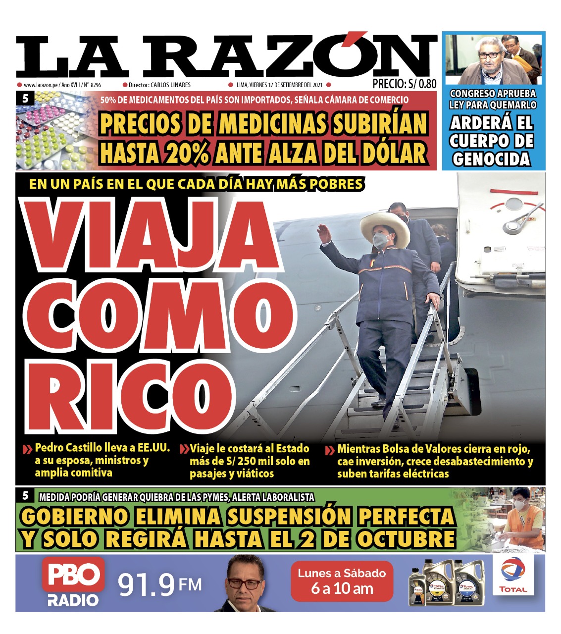 Portada impresa – Diario La Razón (17/09/2021)