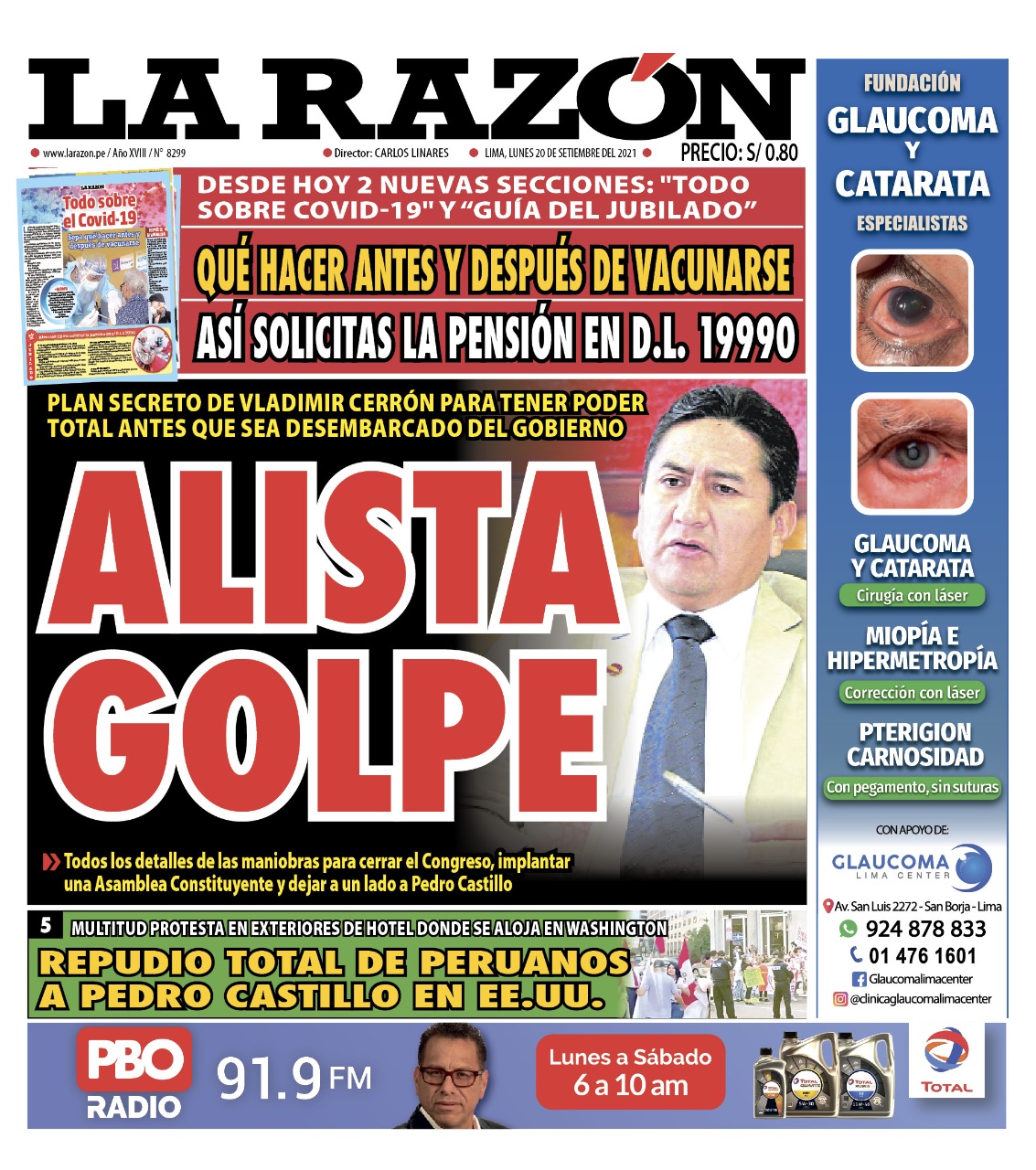 Portada impresa – Diario La Razón (20/09/2021)