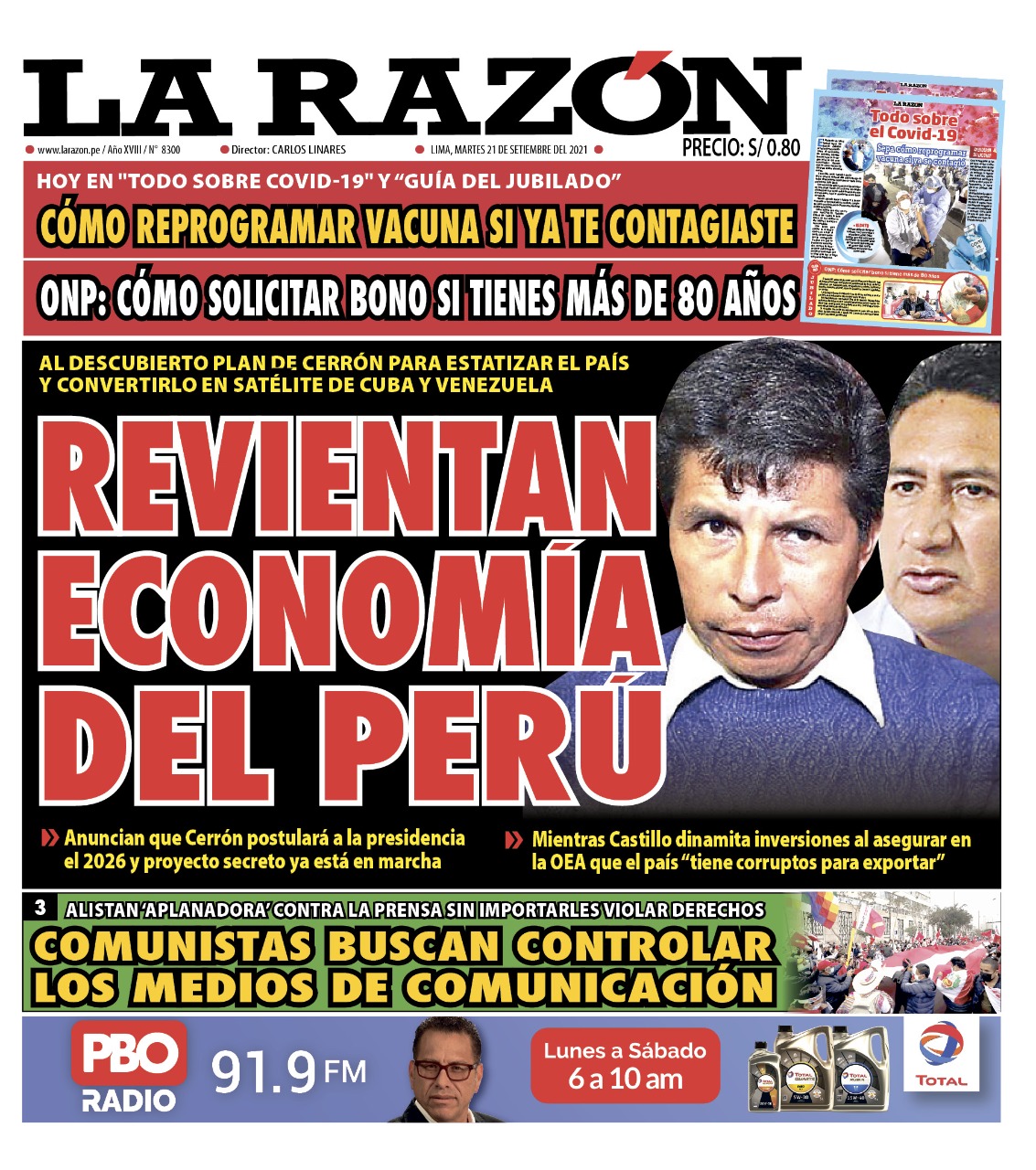 Portada impresa – Diario La Razón (21/09/2021)