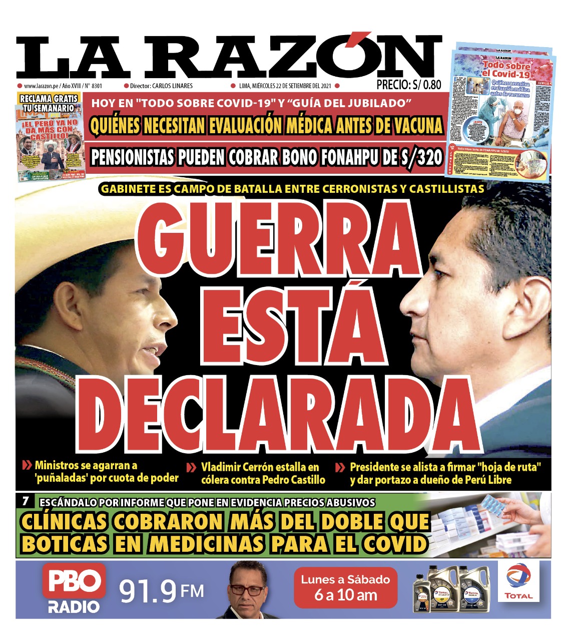 Portada impresa – Diario La Razón (22/09/2021)