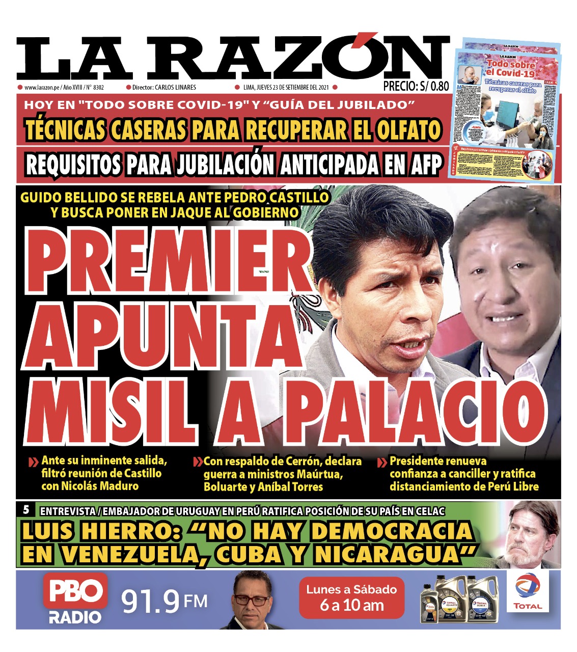Portada impresa – Diario La Razón (23/09/2021)