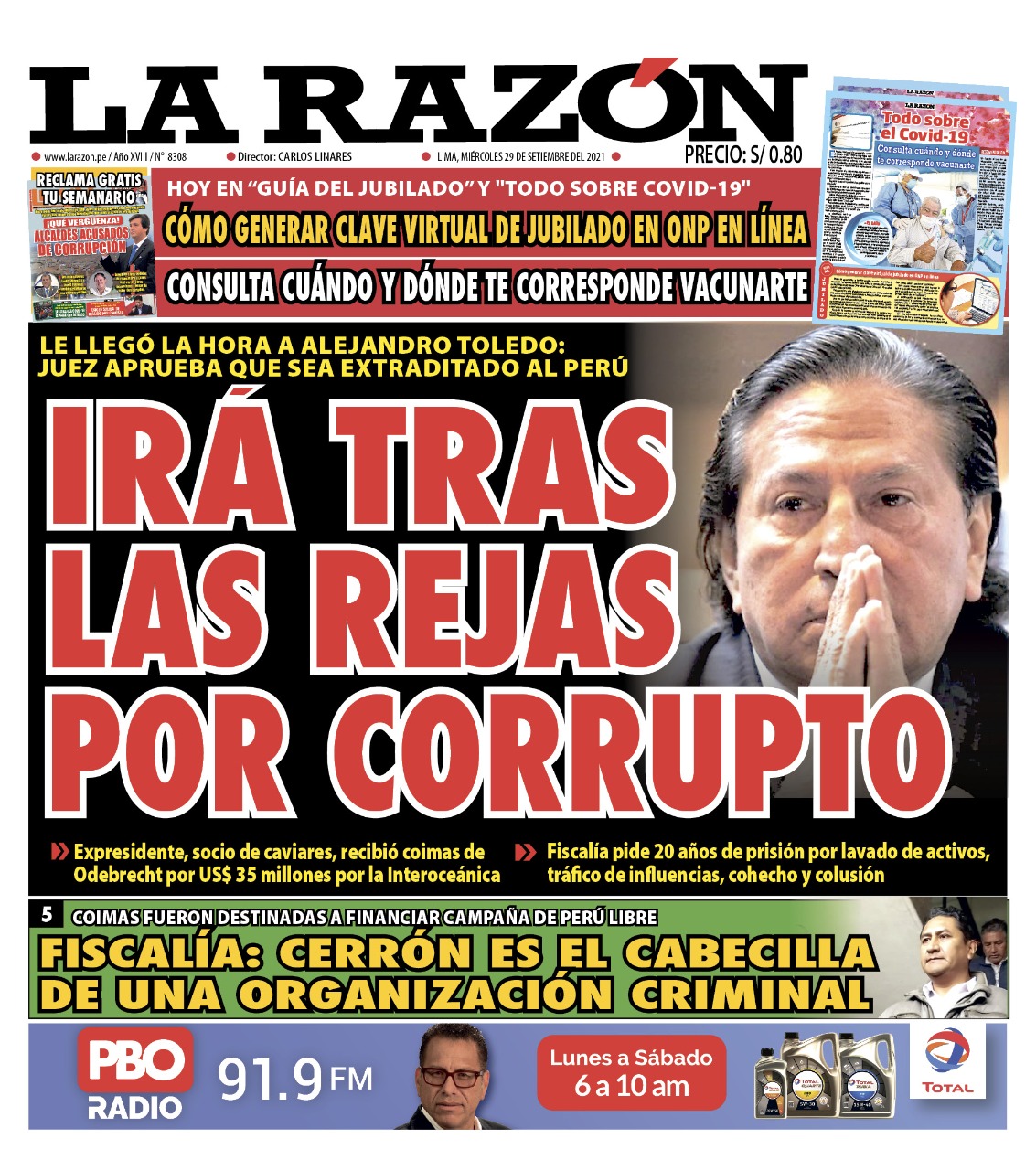 Portada impresa – Diario La Razón (29/09/2021)