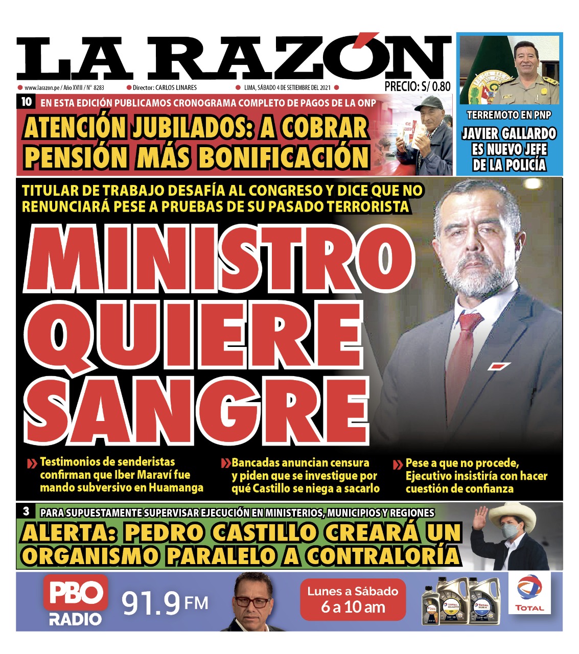 Portada impresa – Diario La Razón (04/09/2021)
