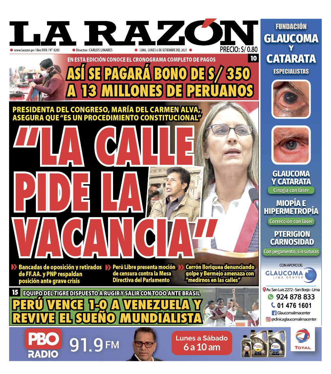 Portada impresa – Diario La Razón (06/09/2021)