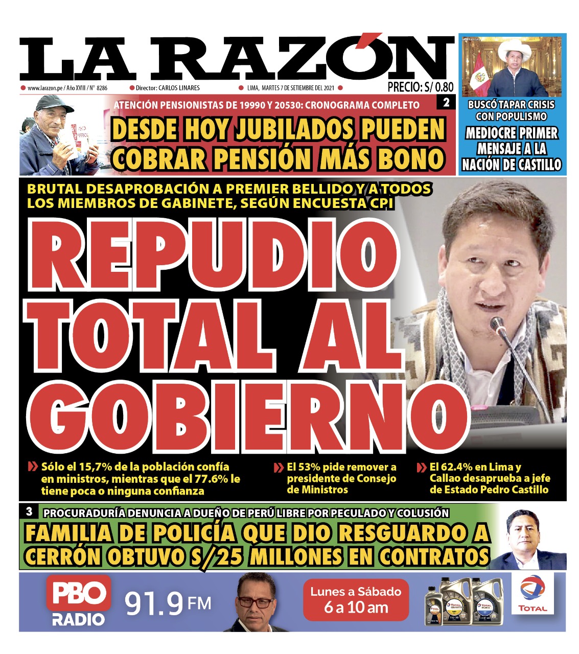 Portada impresa – Diario La Razón (07/09/2021)