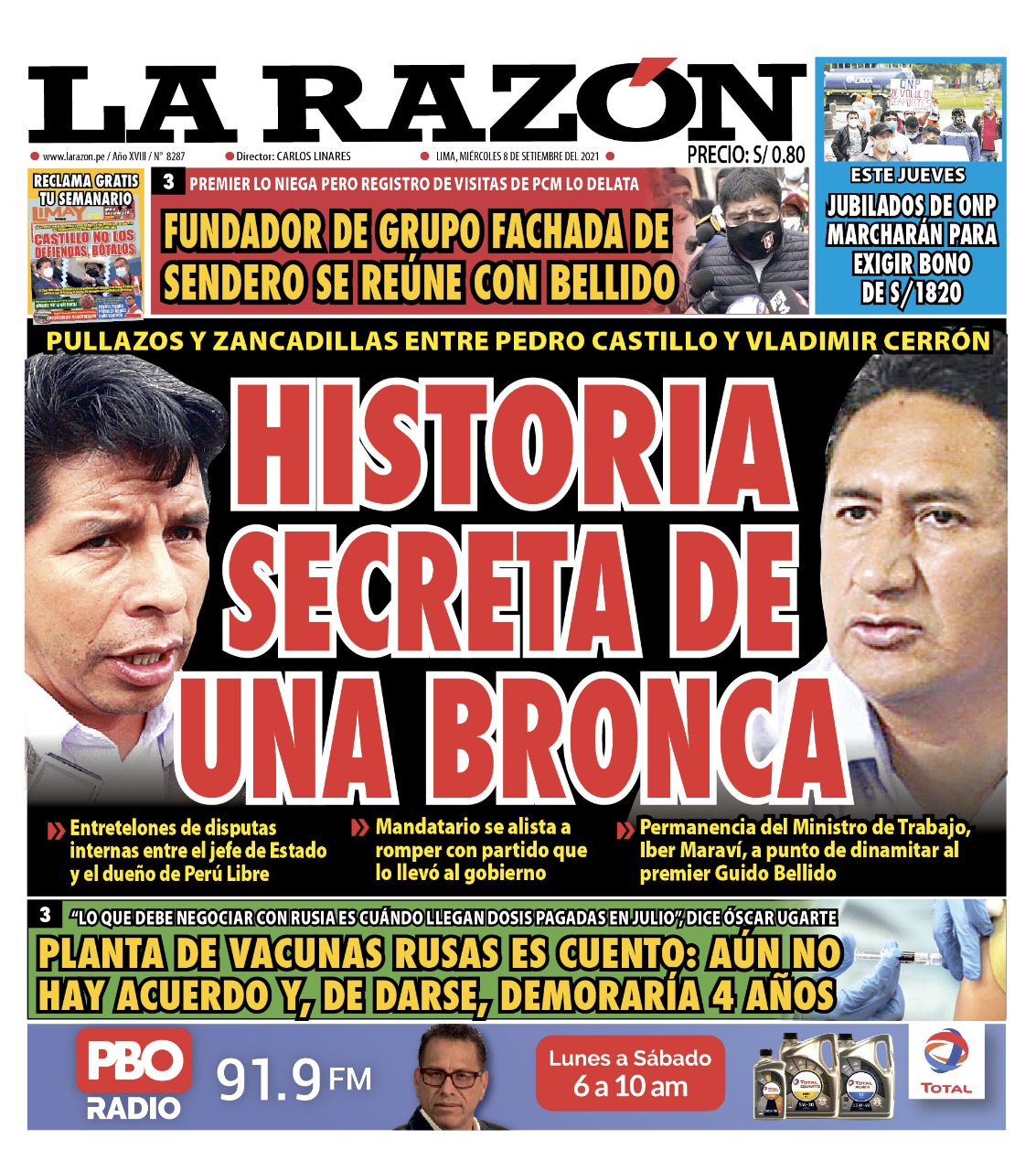 Portada impresa – Diario La Razón (08/09/2021)