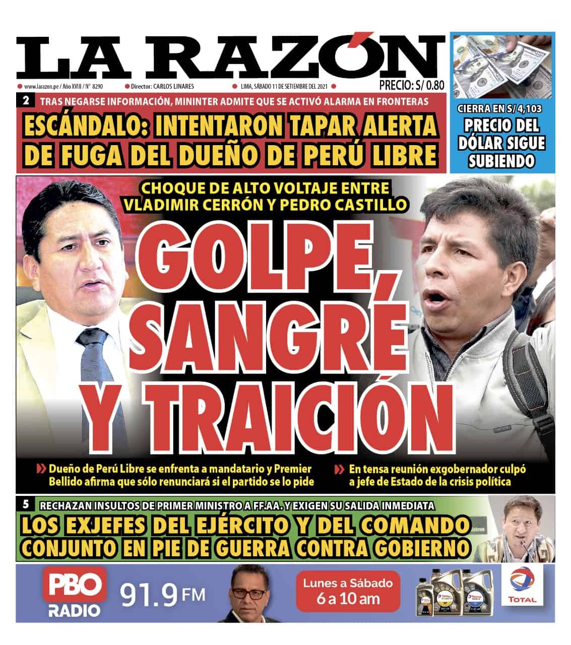 Portada impresa – Diario La Razón (11/09/2021)