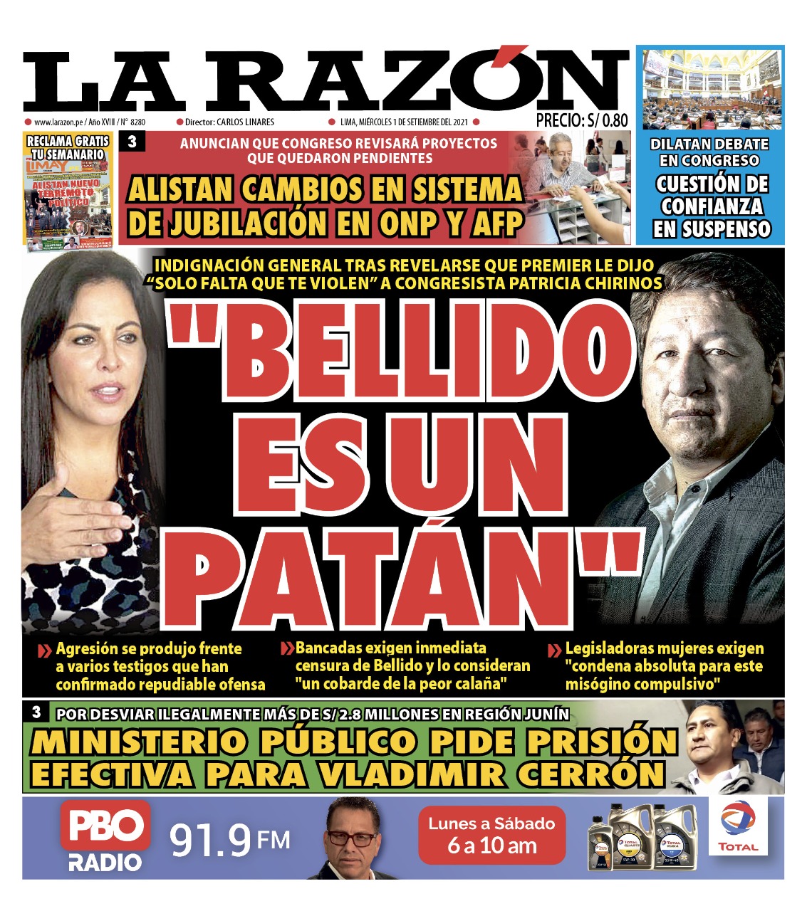 Portada impresa – Diario La Razón (01/09/2021)