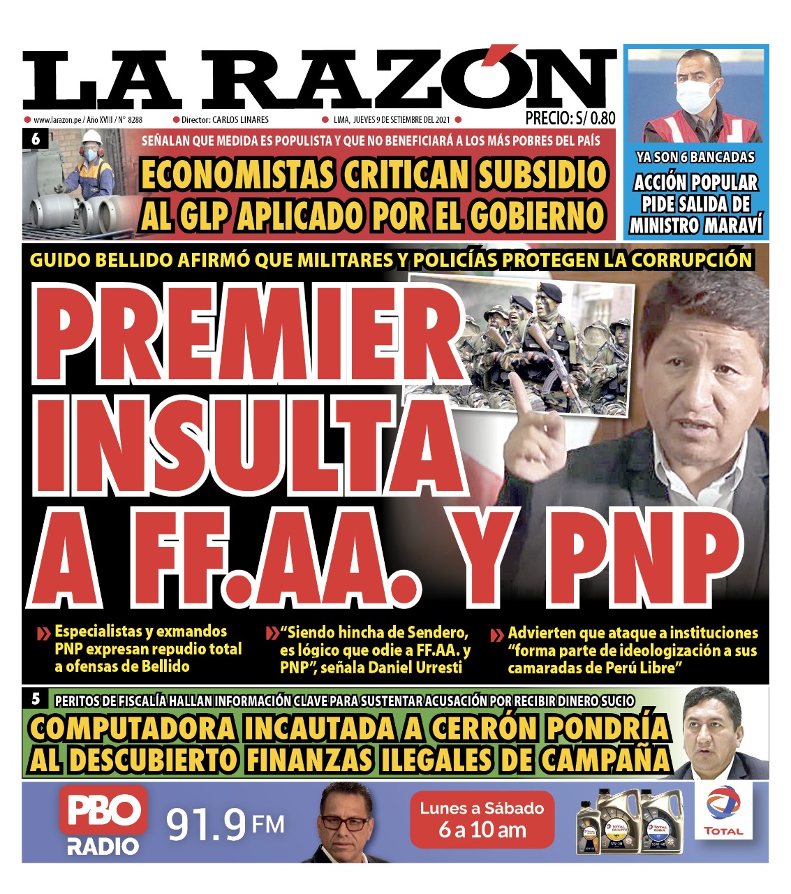 Portada impresa – Diario La Razón (09/09/2021)