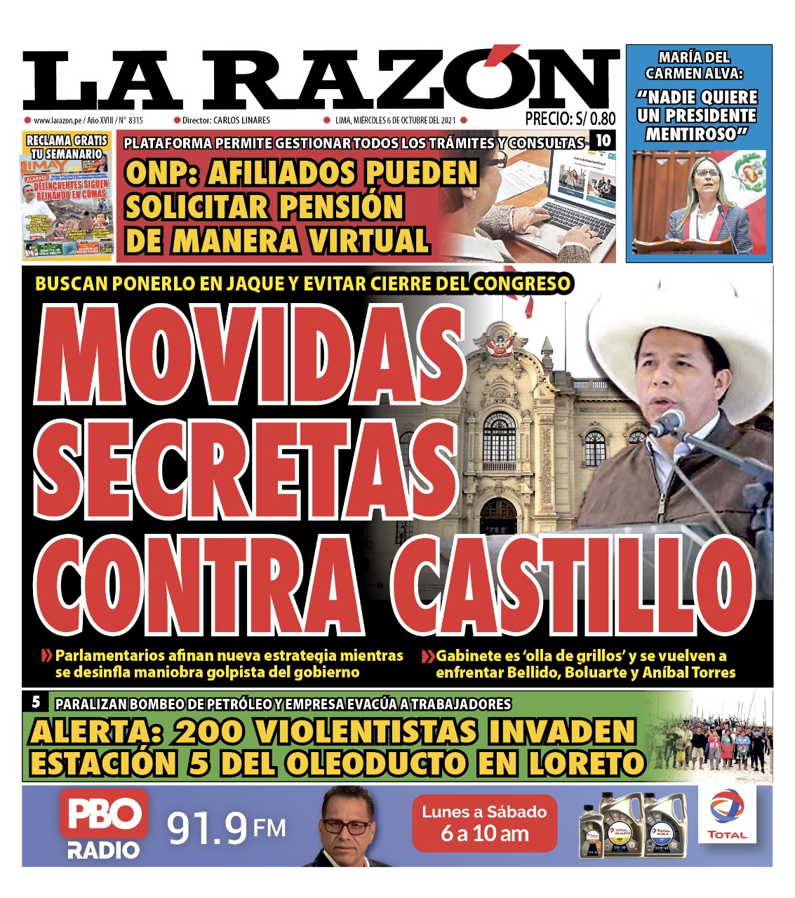 Portada impresa – Diario La Razón (06/10/2021)