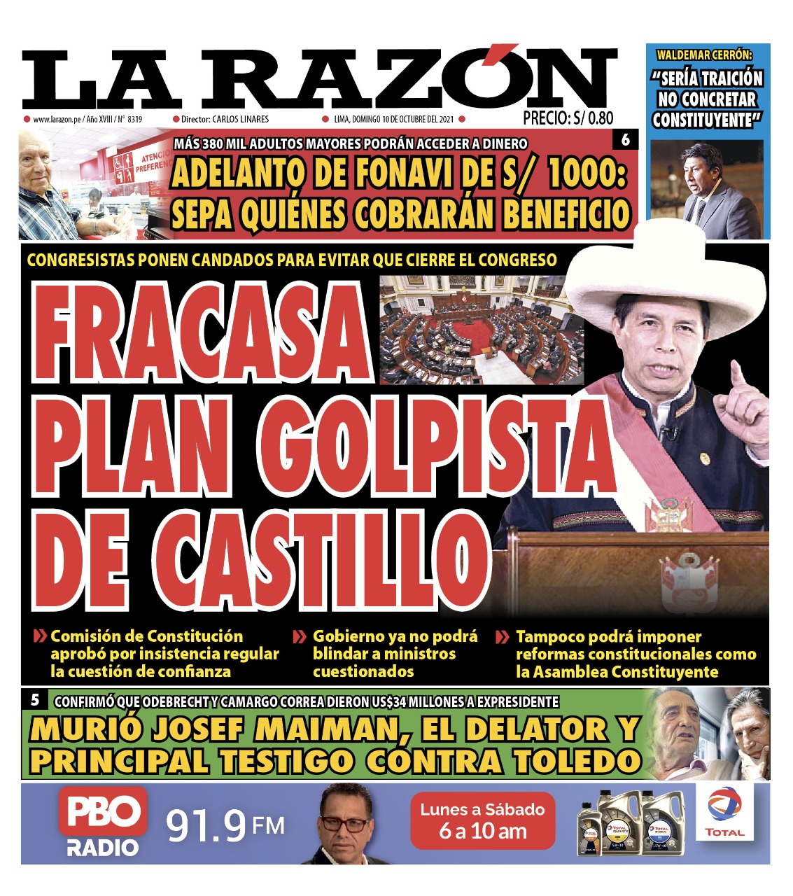 Portada impresa – Diario La Razón (10/10/2021)