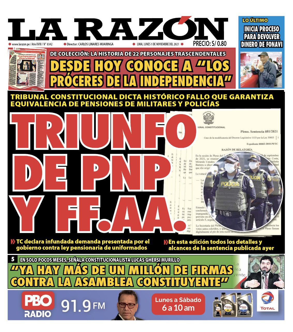 Portada impresa – Diario La Razón (01/11/2021)