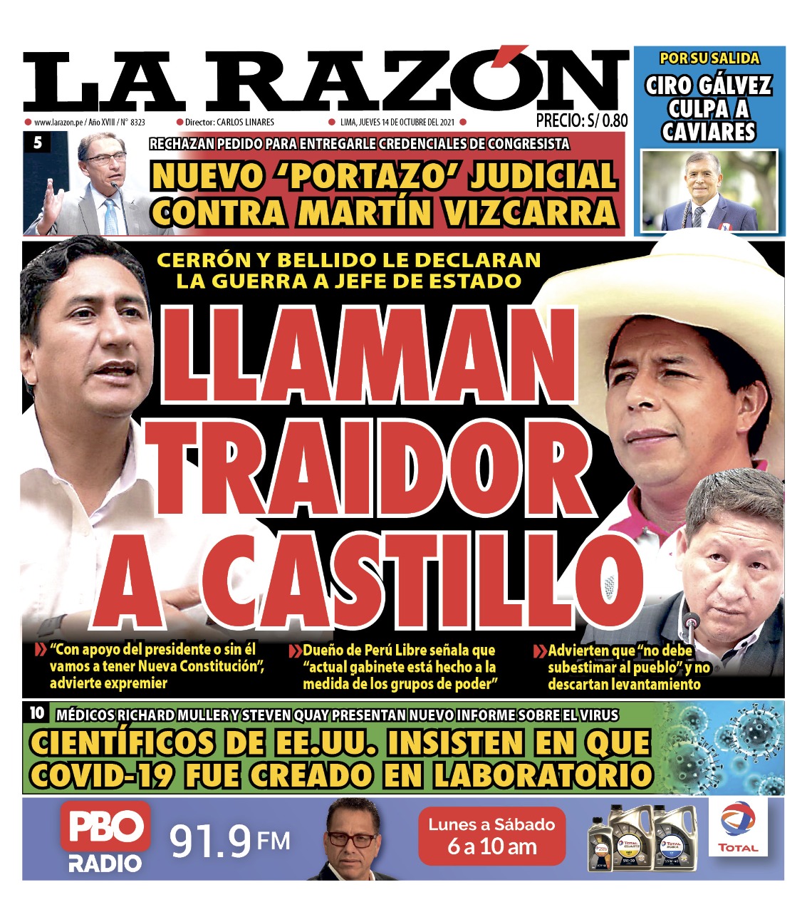Portada impresa – Diario La Razón (14/10/2021)