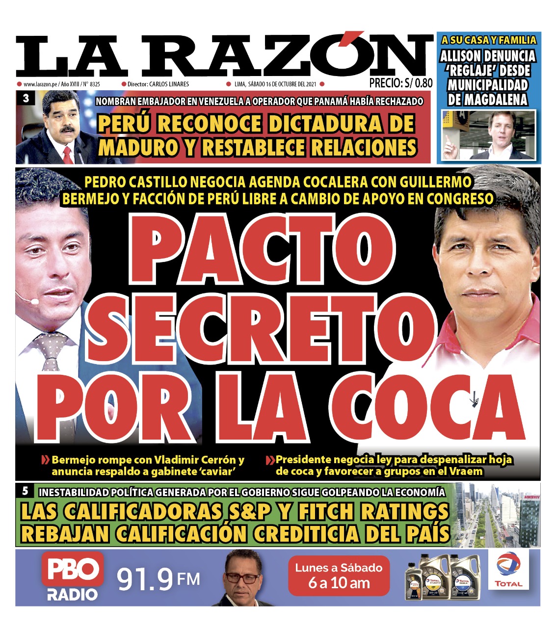 Portada impresa – Diario La Razón (16/10/2021)