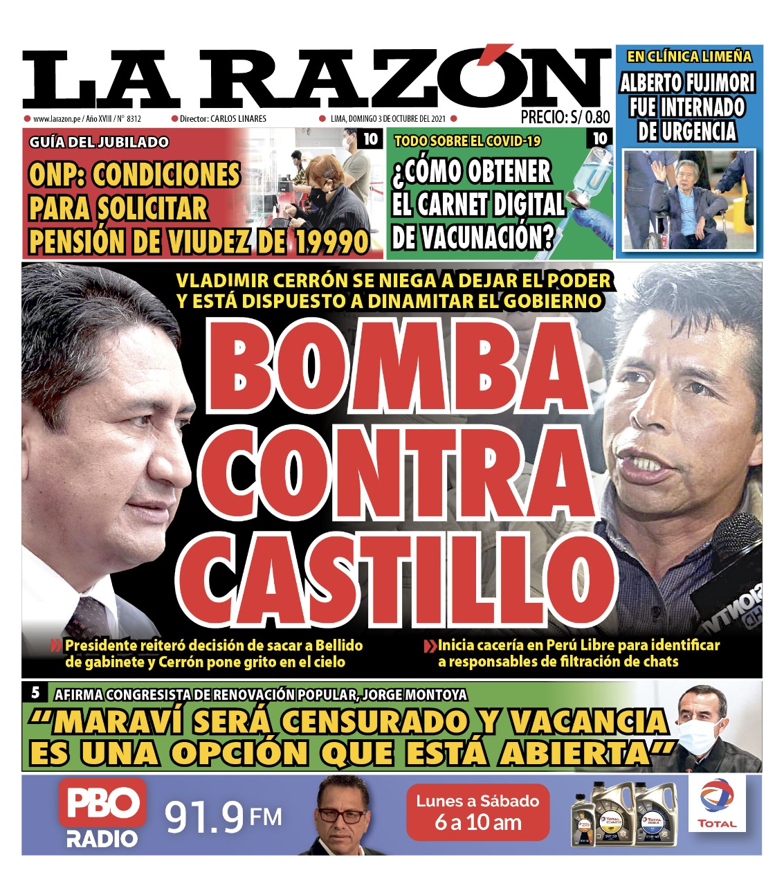 Portada impresa – Diario La Razón (03/10/2021)