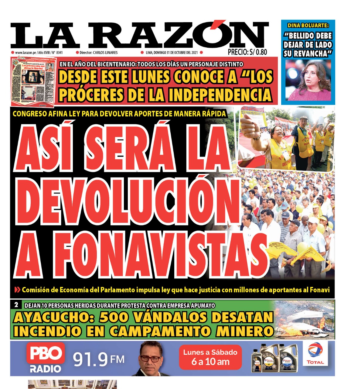 Portada impresa – Diario La Razón (31/10/2021)