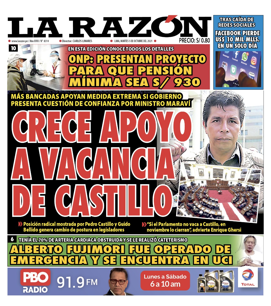 Portada impresa – Diario La Razón (05/10/2021)