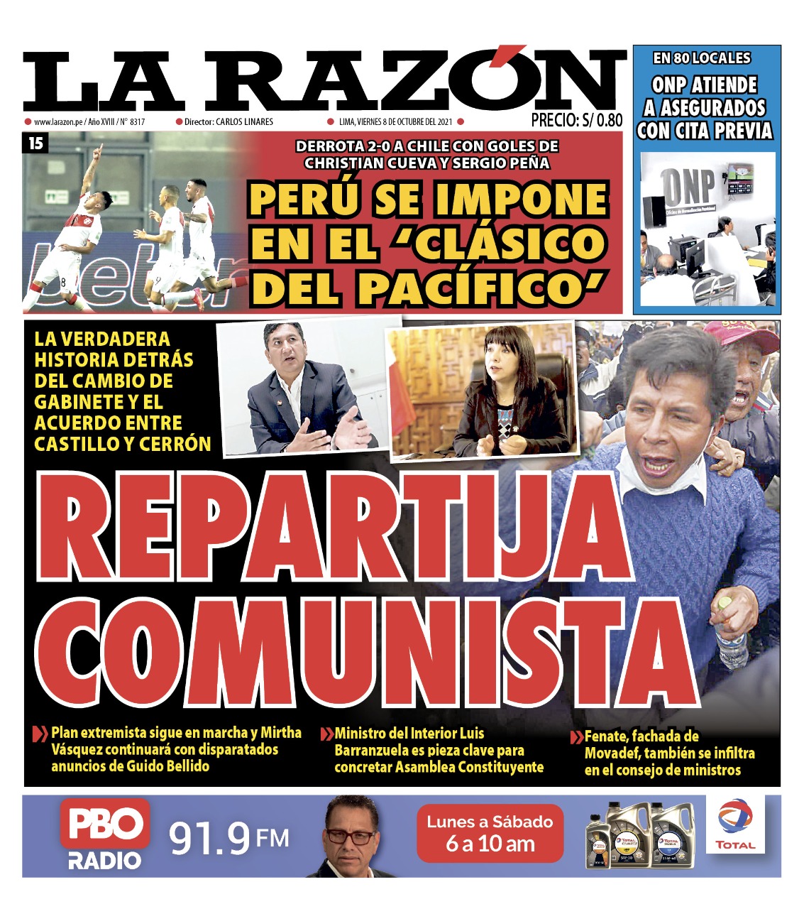 Portada impresa – Diario La Razón (08/10/2021)