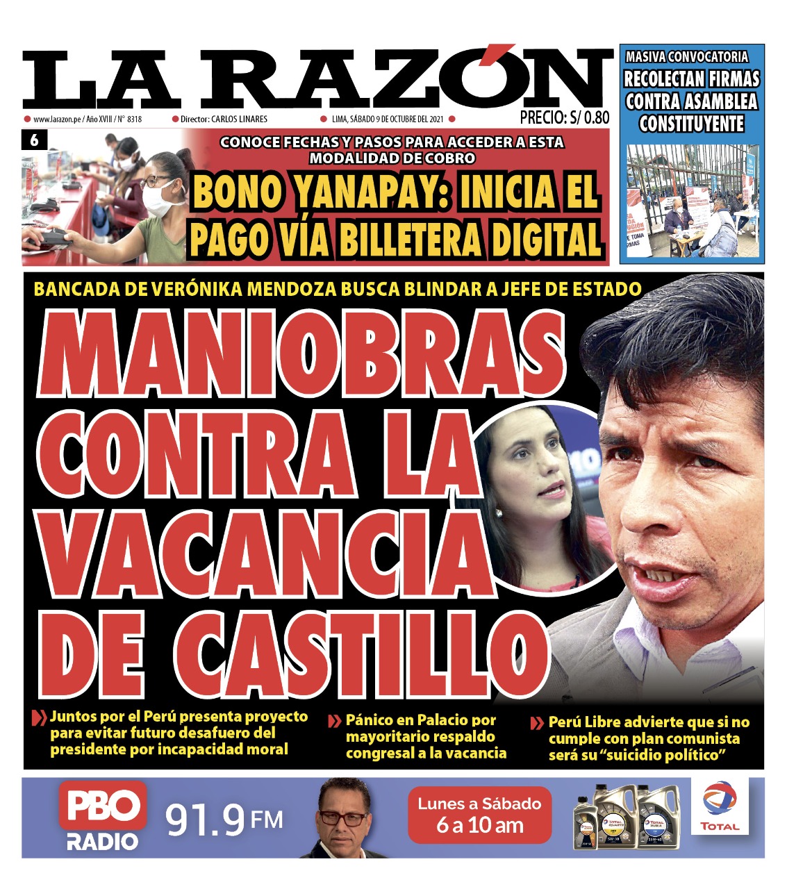 Portada impresa – Diario La Razón (09/10/2021)