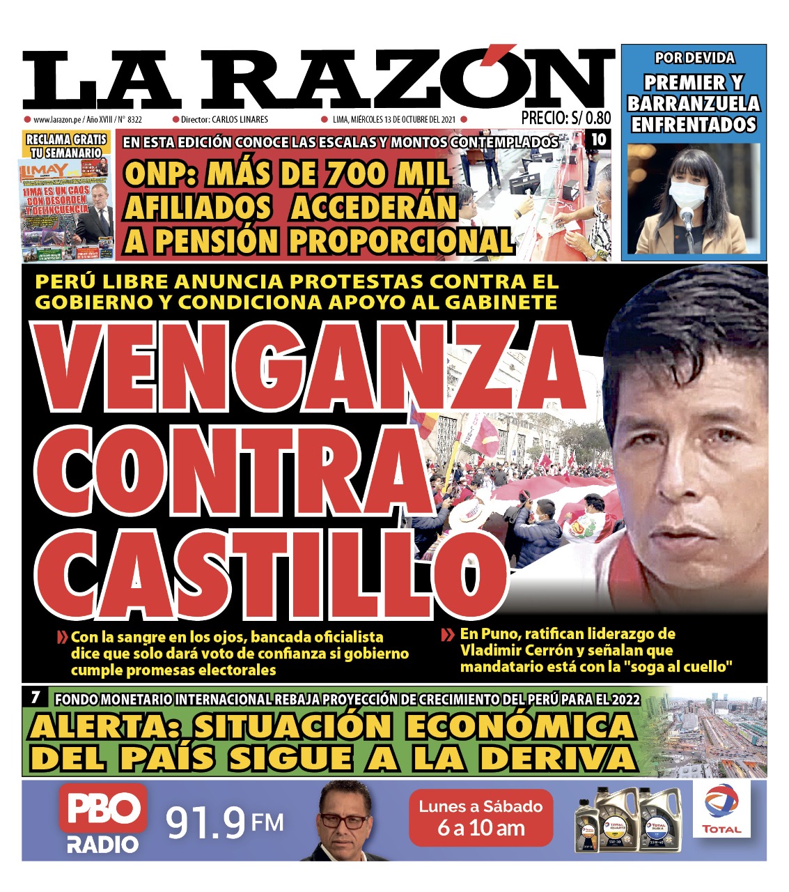 Portada impresa – Diario La Razón (13/10/2021)