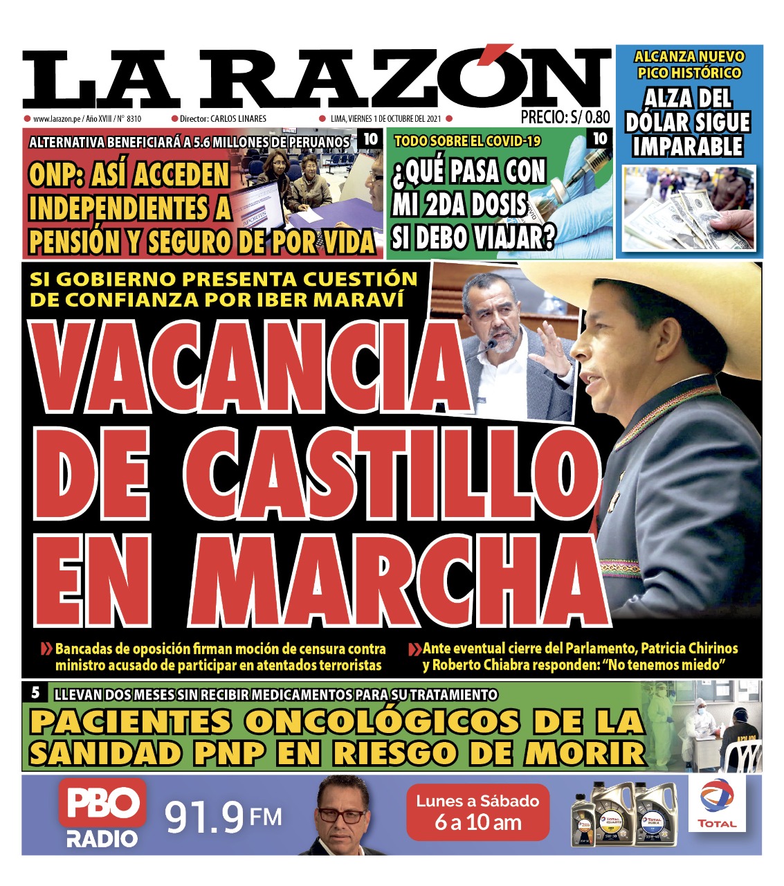 Portada impresa – Diario La Razón (01/10/2021)