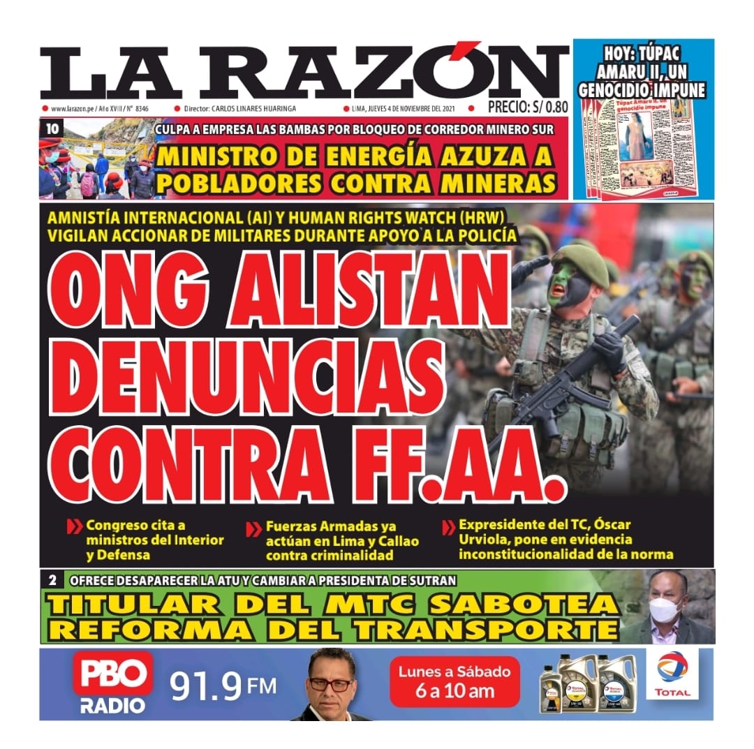 Portada impresa – Diario La Razón (04/11/2021)