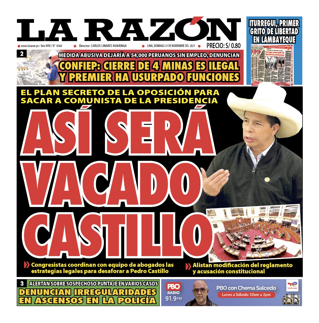 Portada impresa – Diario La Razón (21/11/2021)