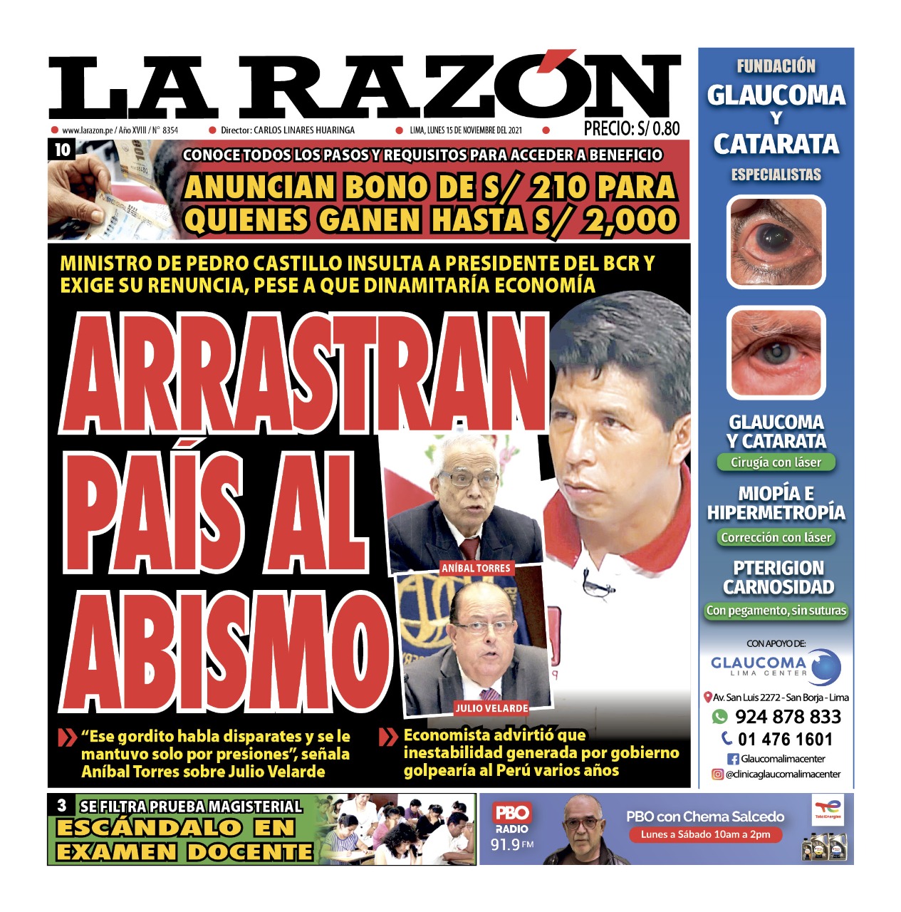 Portada impresa – Diario La Razón (15/11/2021)