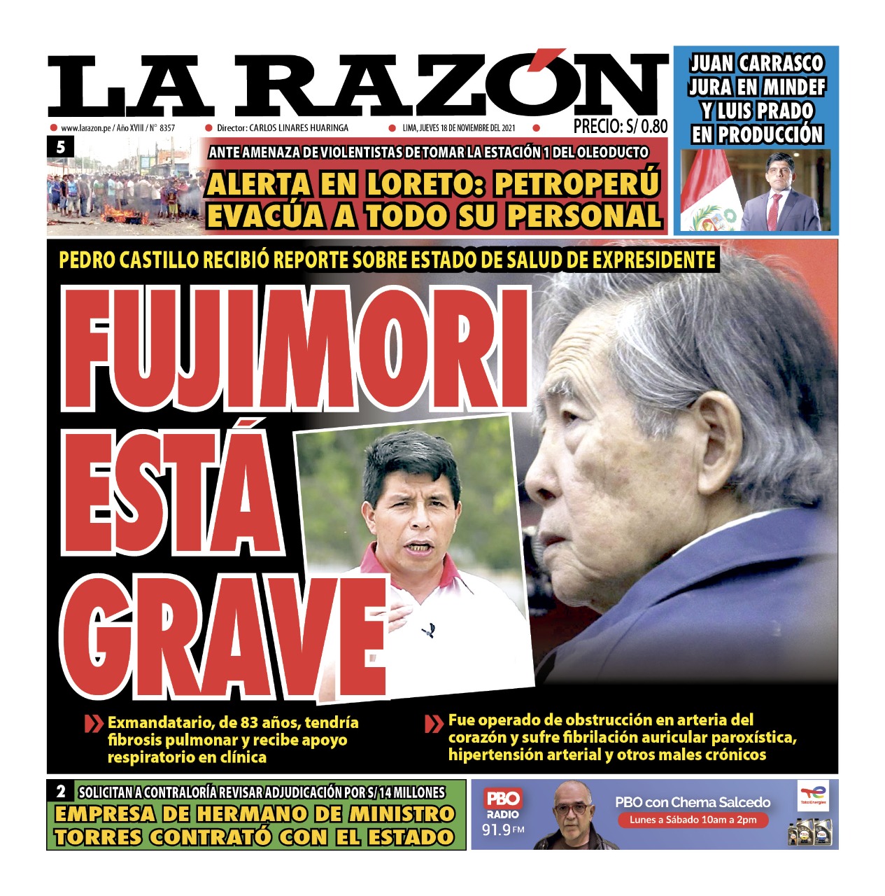 Portada impresa – Diario La Razón (18/11/2021)
