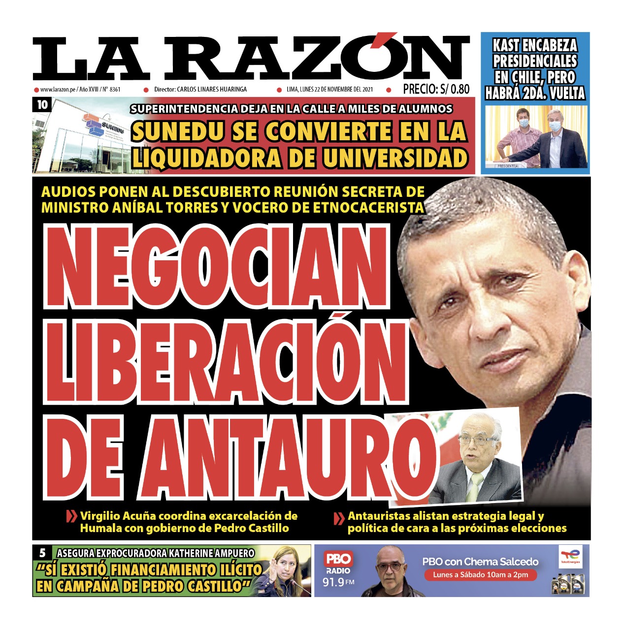 Portada impresa – Diario La Razón (22/11/2021)
