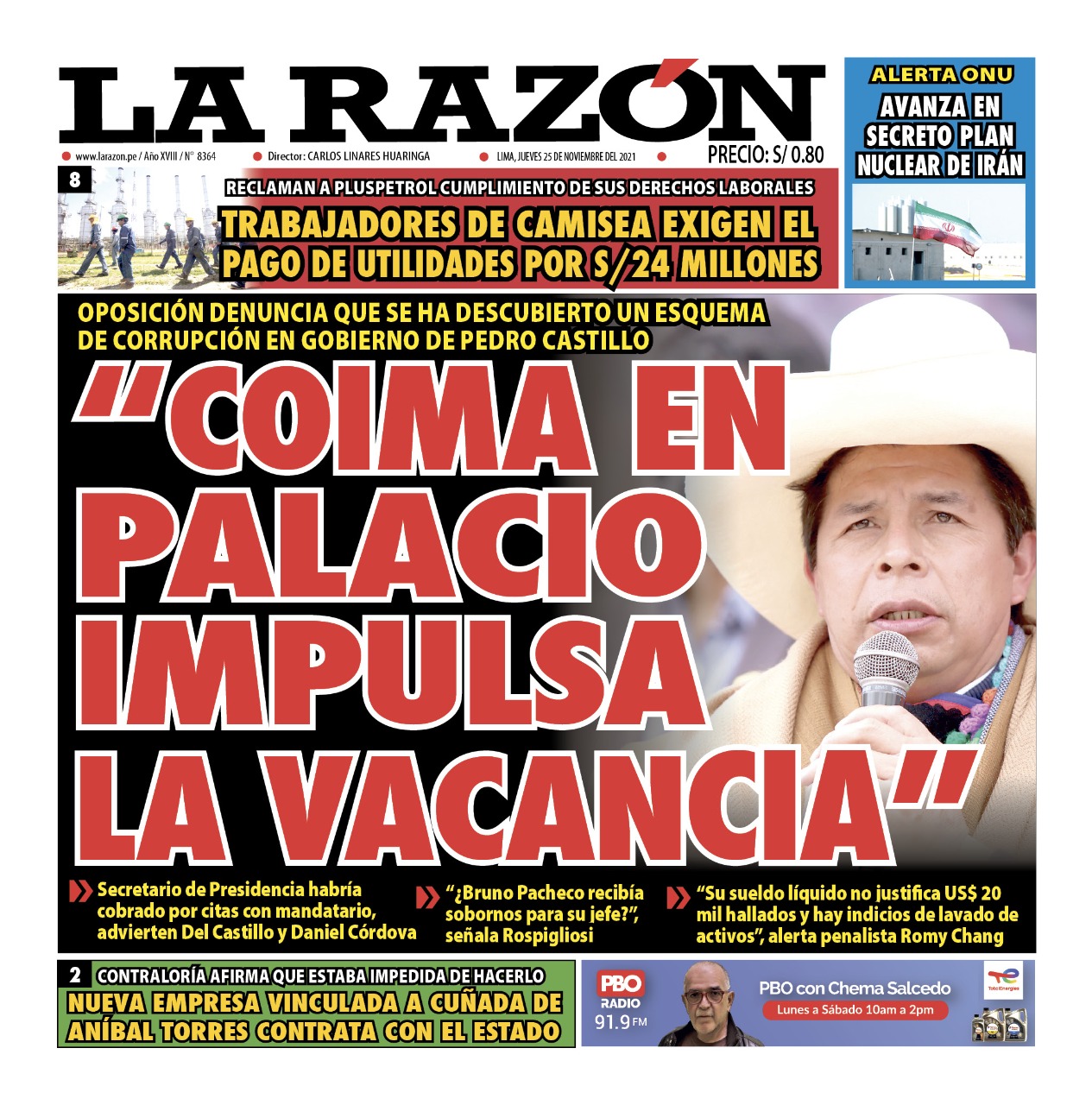 Portada impresa – Diario La Razón (25/11/2021)