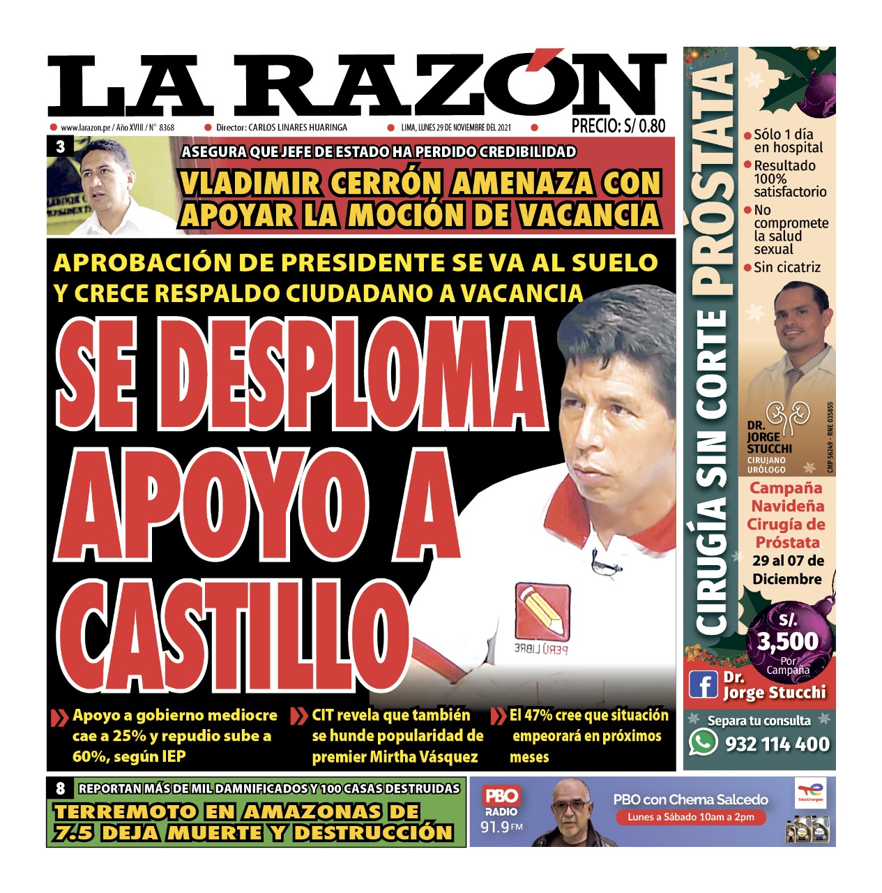 Portada impresa – Diario La Razón (29/11/2021)