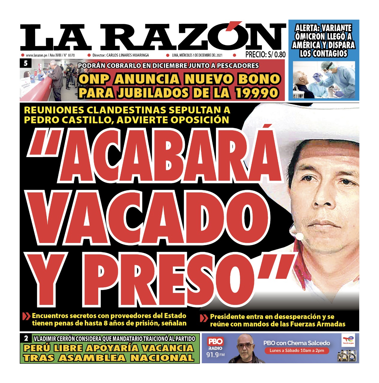 Portada impresa – Diario La Razón (01/12/2021)