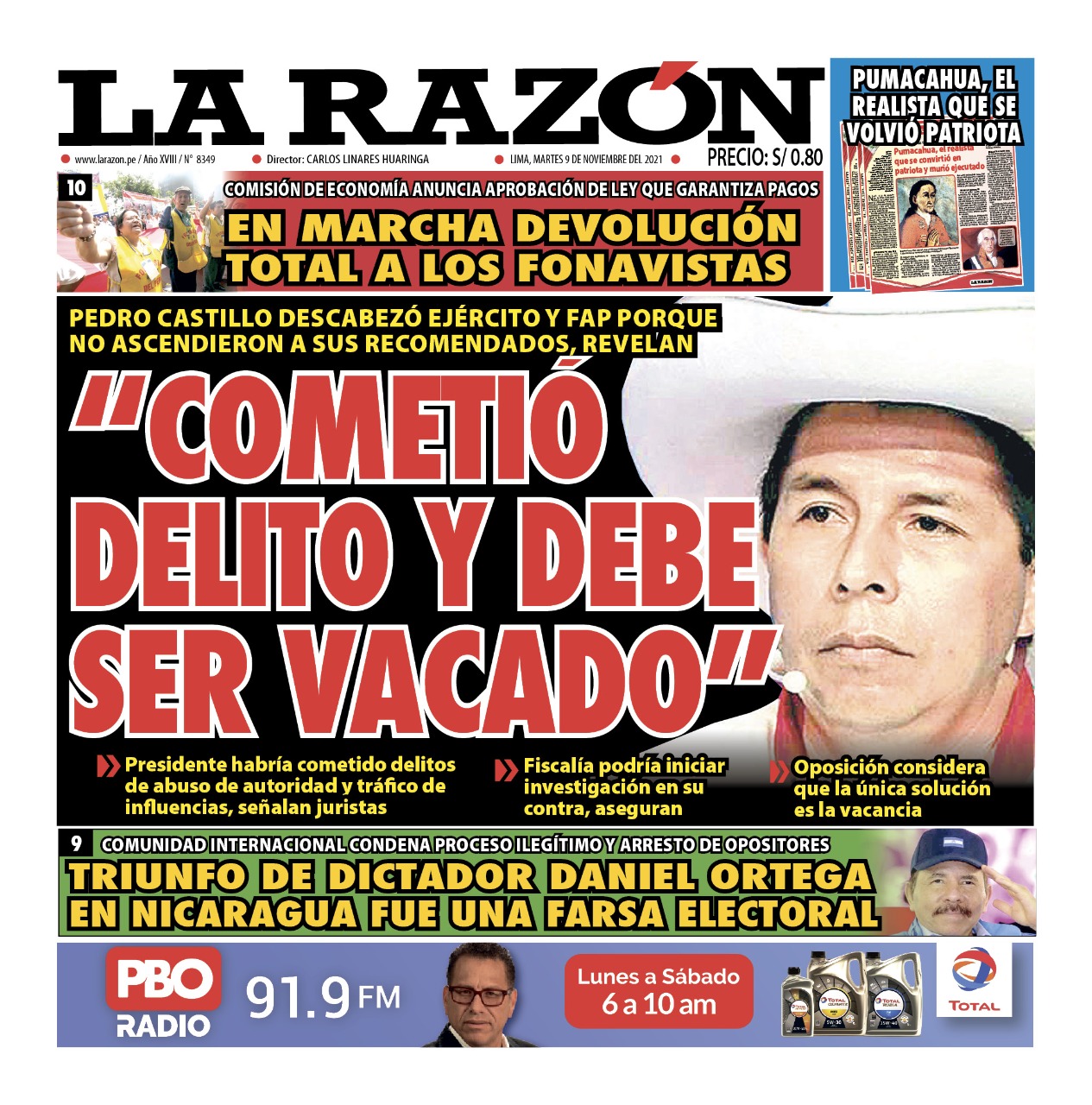 Portada impresa – Diario La Razón (09/11/2021)
