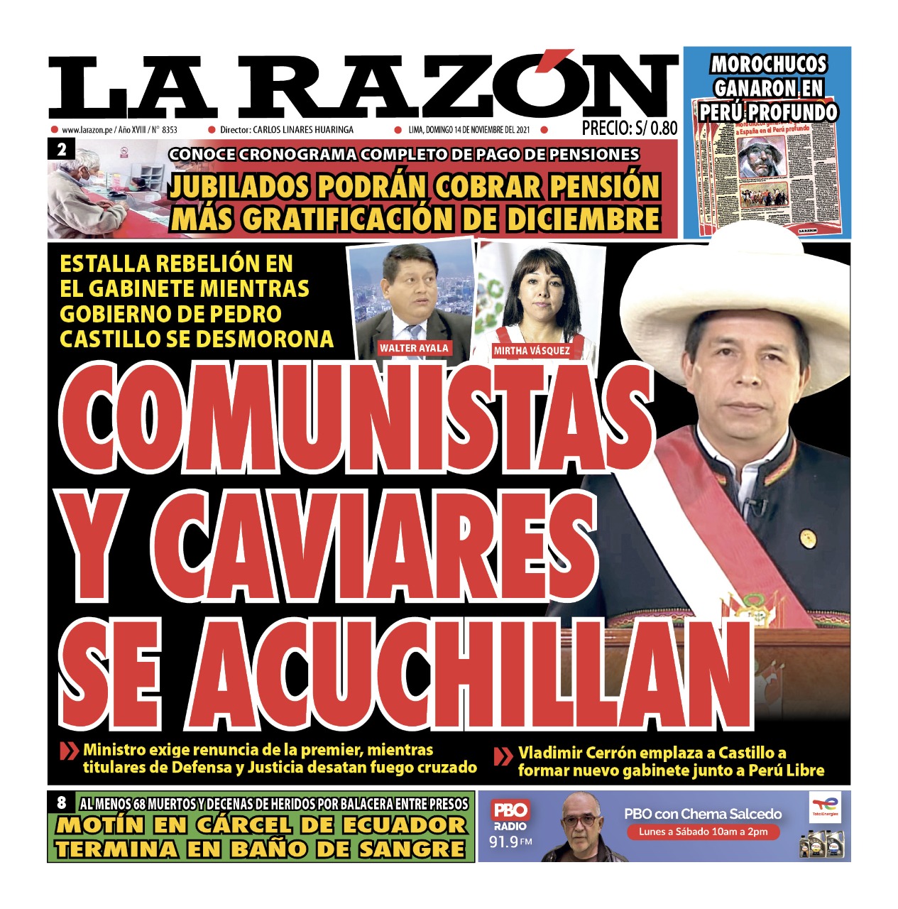Portada impresa – Diario La Razón (14/11/2021)