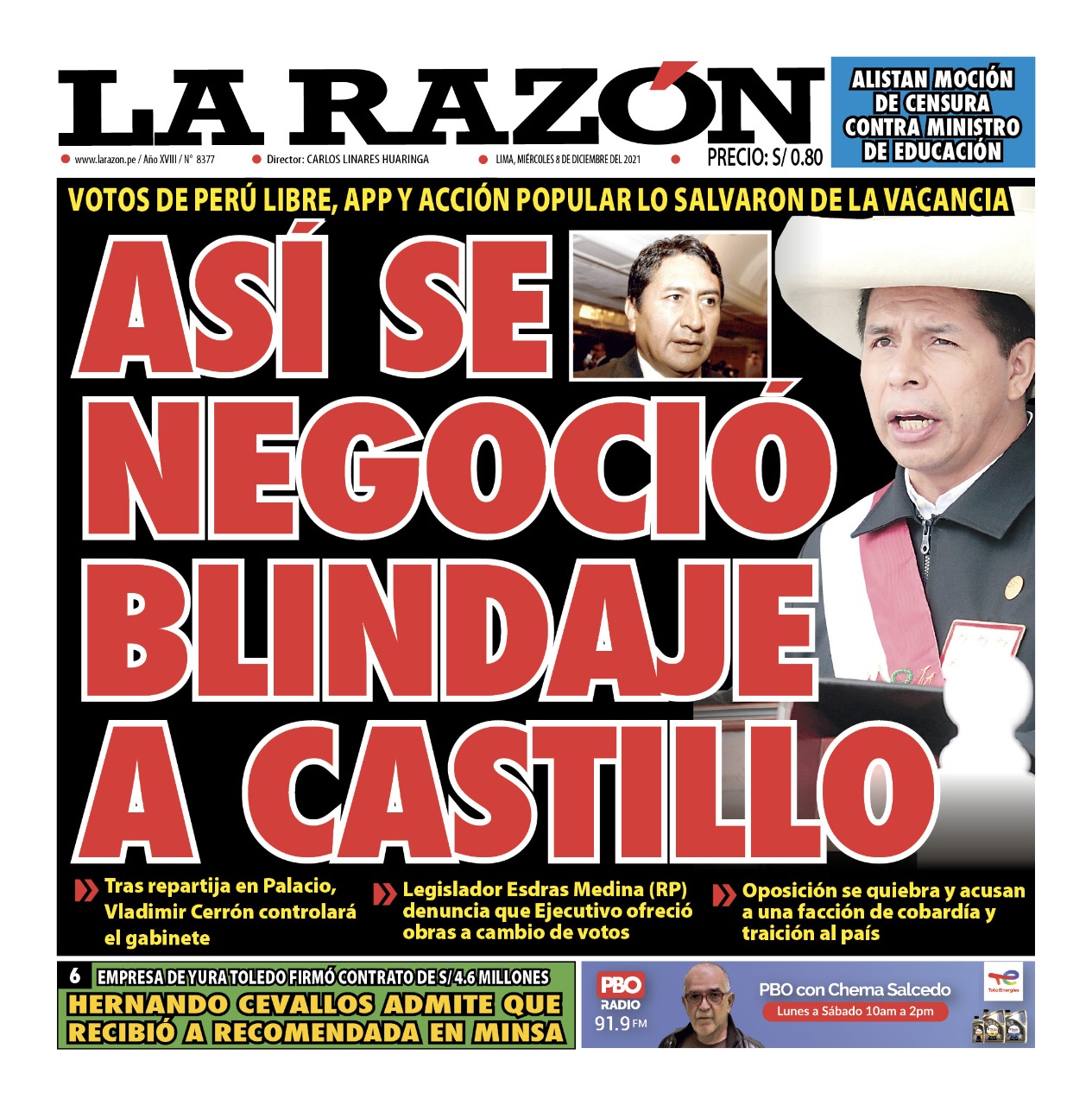 Portada impresa – Diario La Razón (08/12/2021)