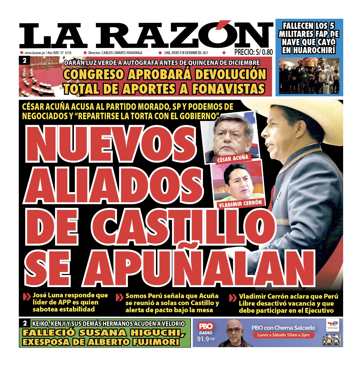 Portada impresa – Diario La Razón (09/12/2021)