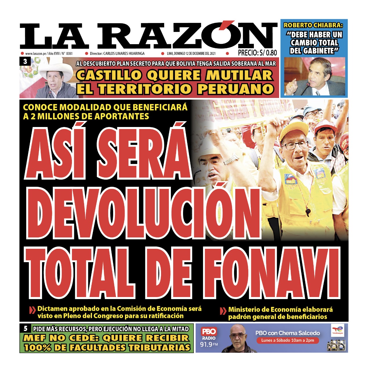 Portada impresa – Diario La Razón (12/12/2021)