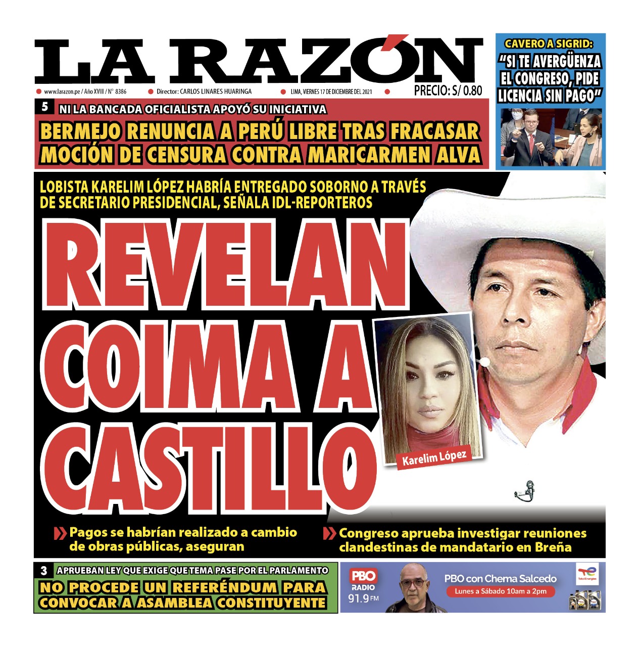 Portada impresa – Diario La Razón (17/12/2021)