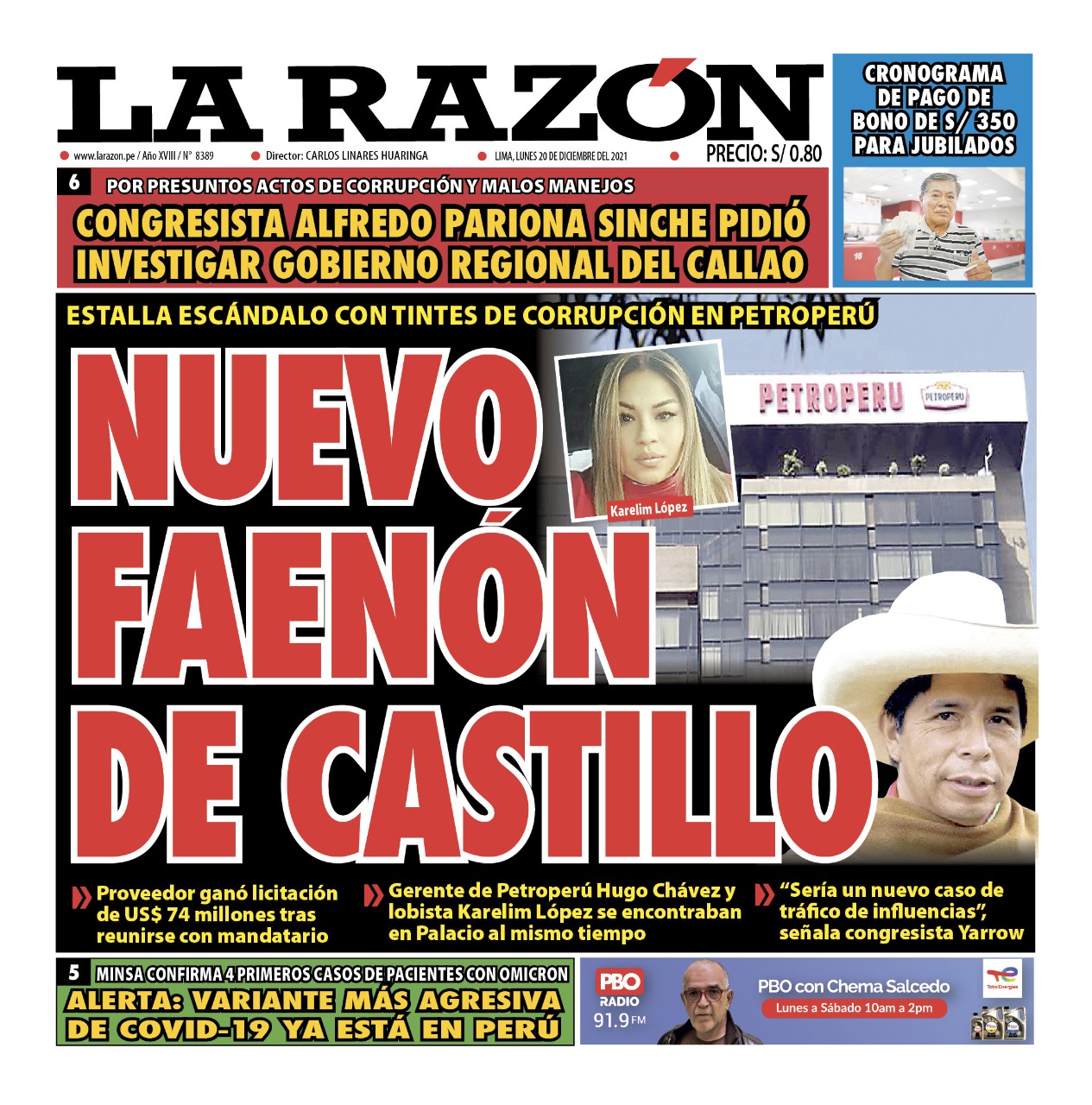 Portada impresa – Diario La Razón (20/12/2021)