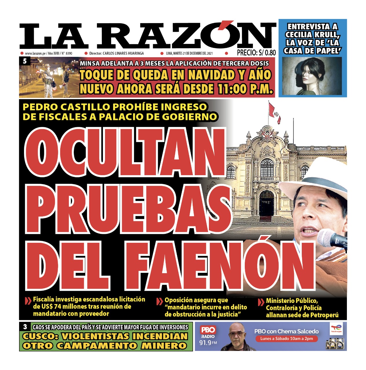 Portada impresa – Diario La Razón (21/12/2021)