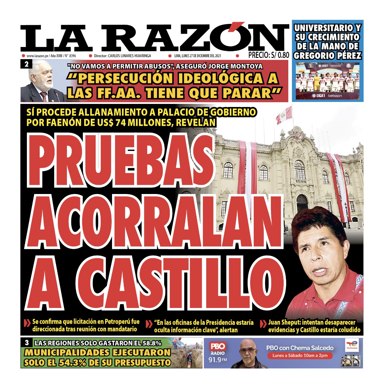 Portada impresa – Diario La Razón (27/12/2021)