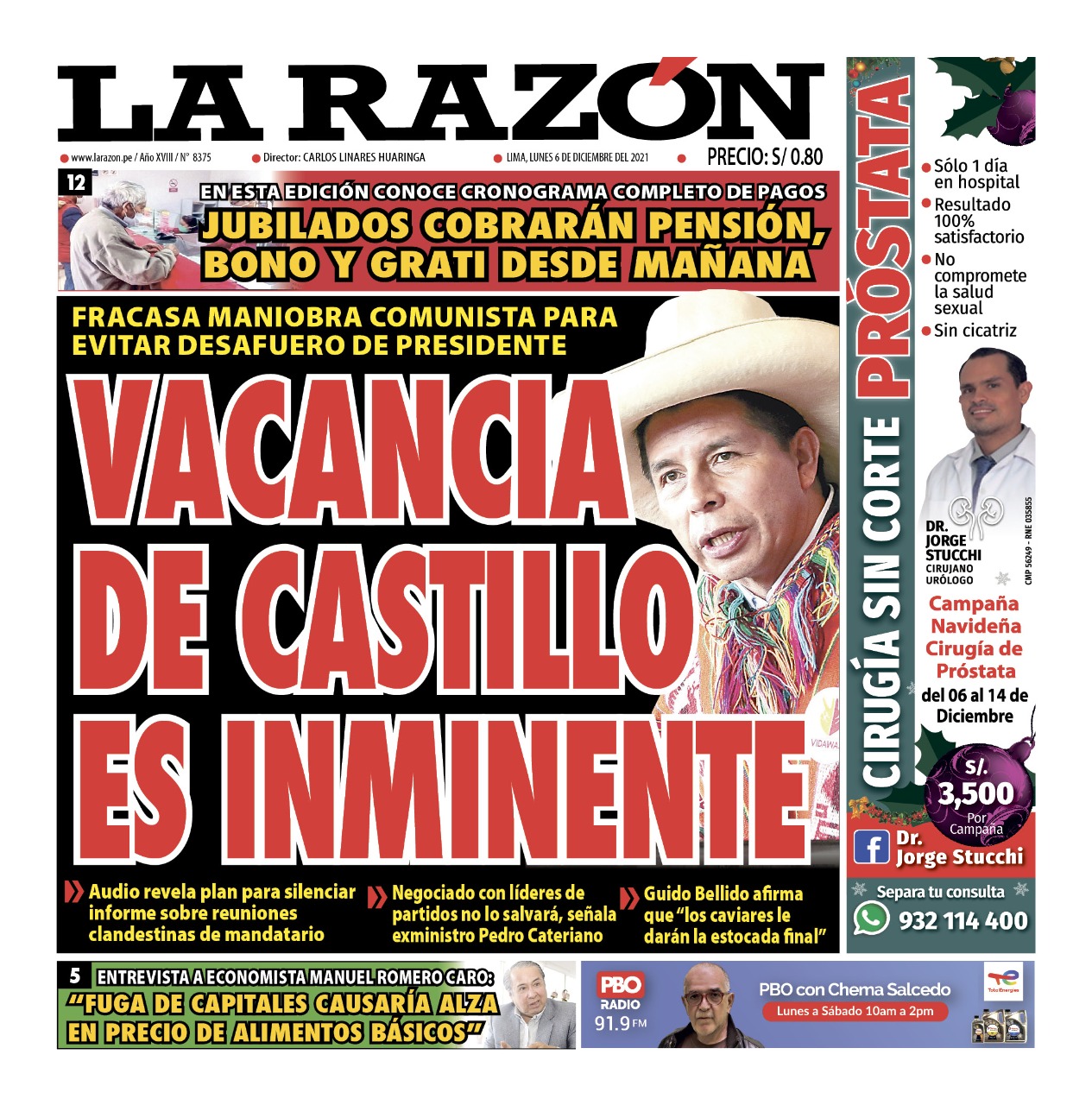 Portada impresa – Diario La Razón (06/12/2021)
