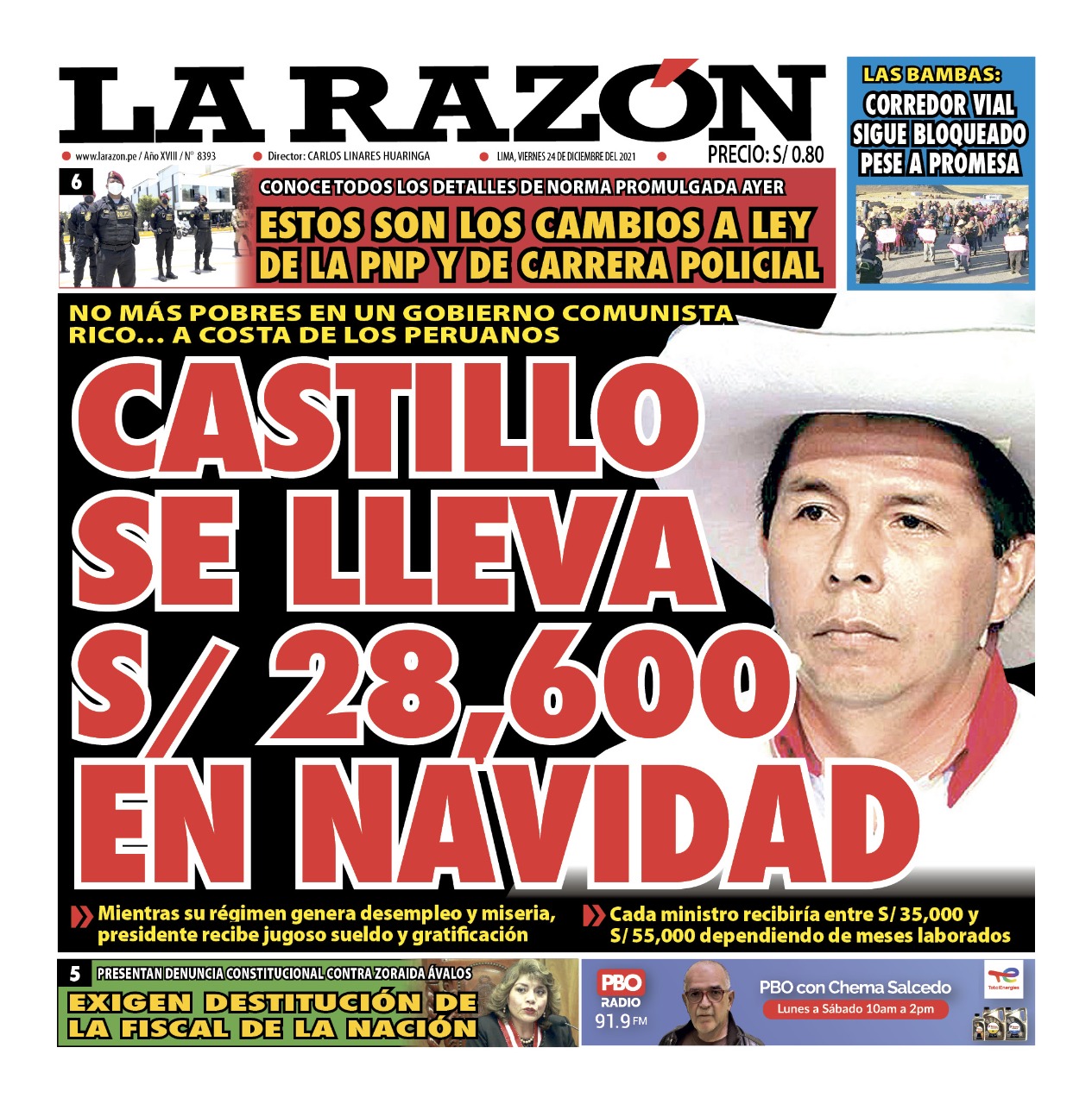 Portada impresa – Diario La Razón (24/12/2021)