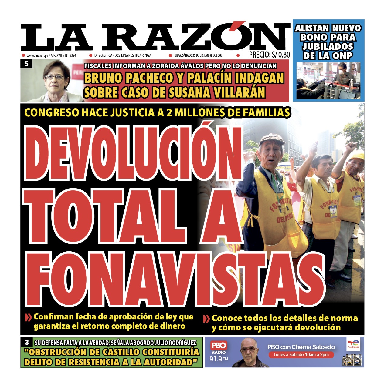 Portada impresa – Diario La Razón (25/12/2021)