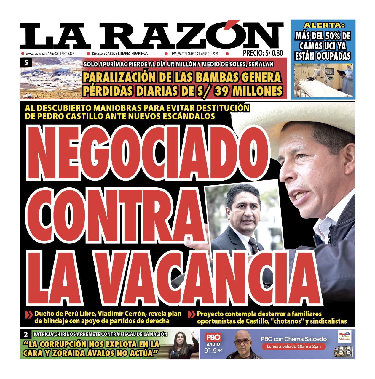 Portada impresa – Diario La Razón (28/12/2021)