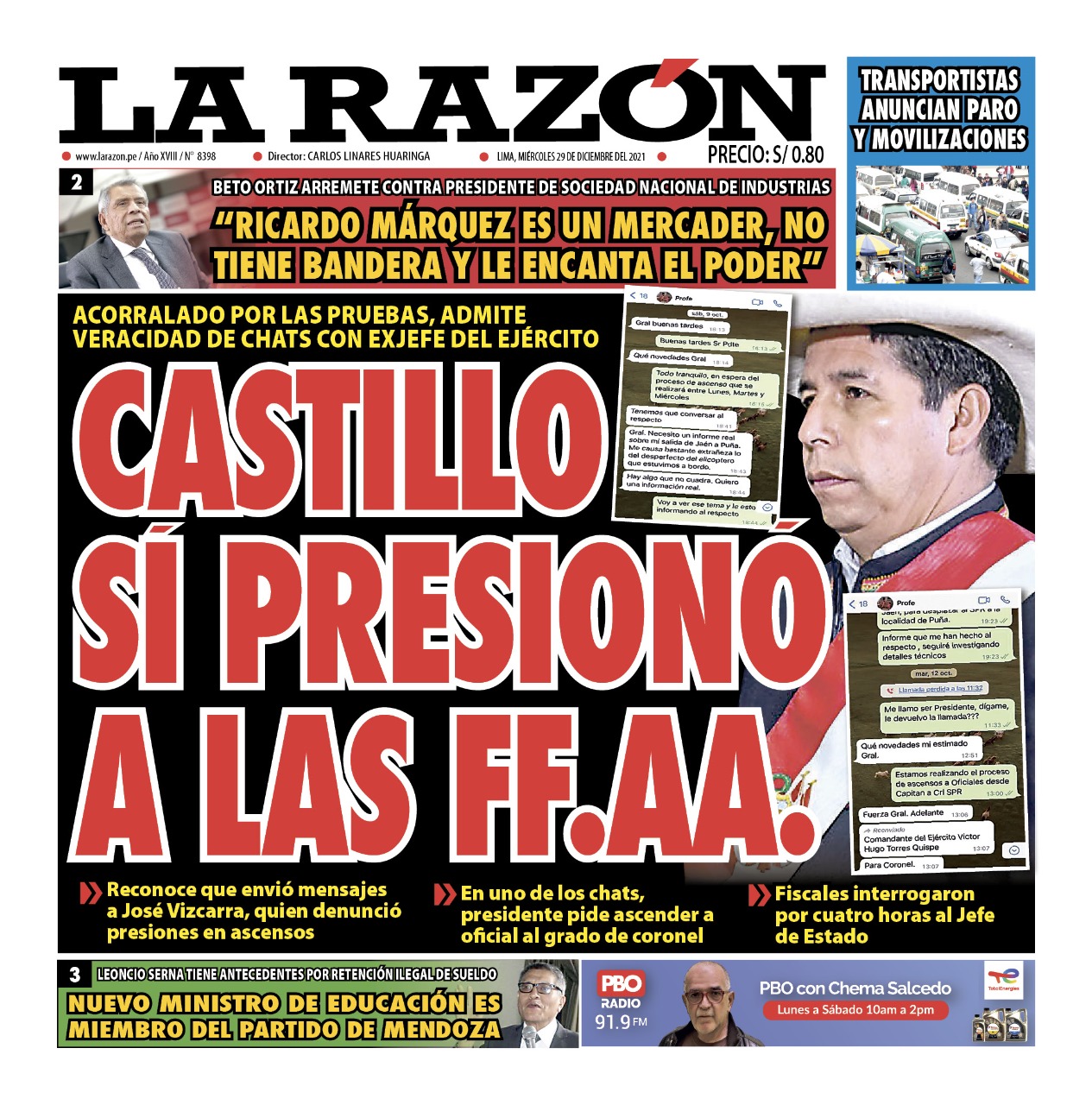 Portada impresa – Diario La Razón (29/12/2021)
