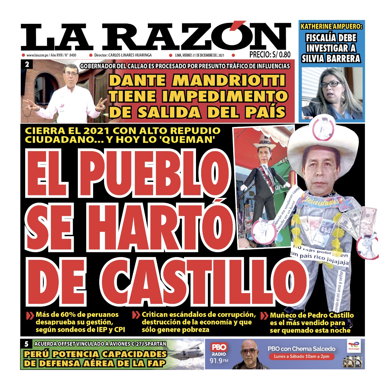 Portada impresa – Diario La Razón (31/12/2021)