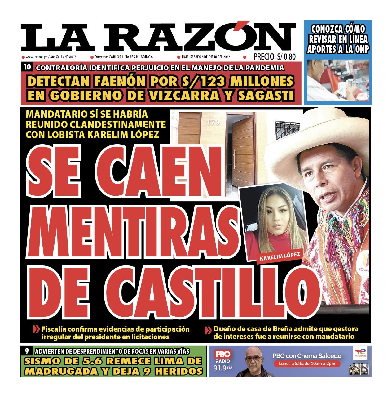 Portada impresa – Diario La Razón (08/01/2022)