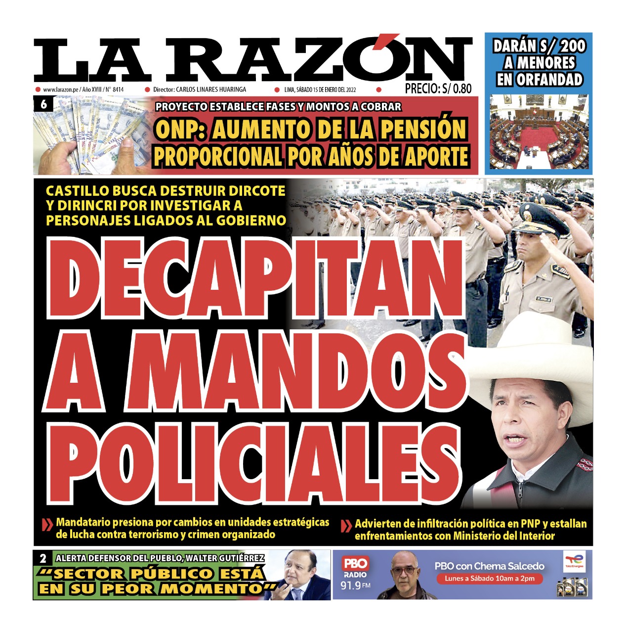 Portada impresa – Diario La Razón (15/01/2022)